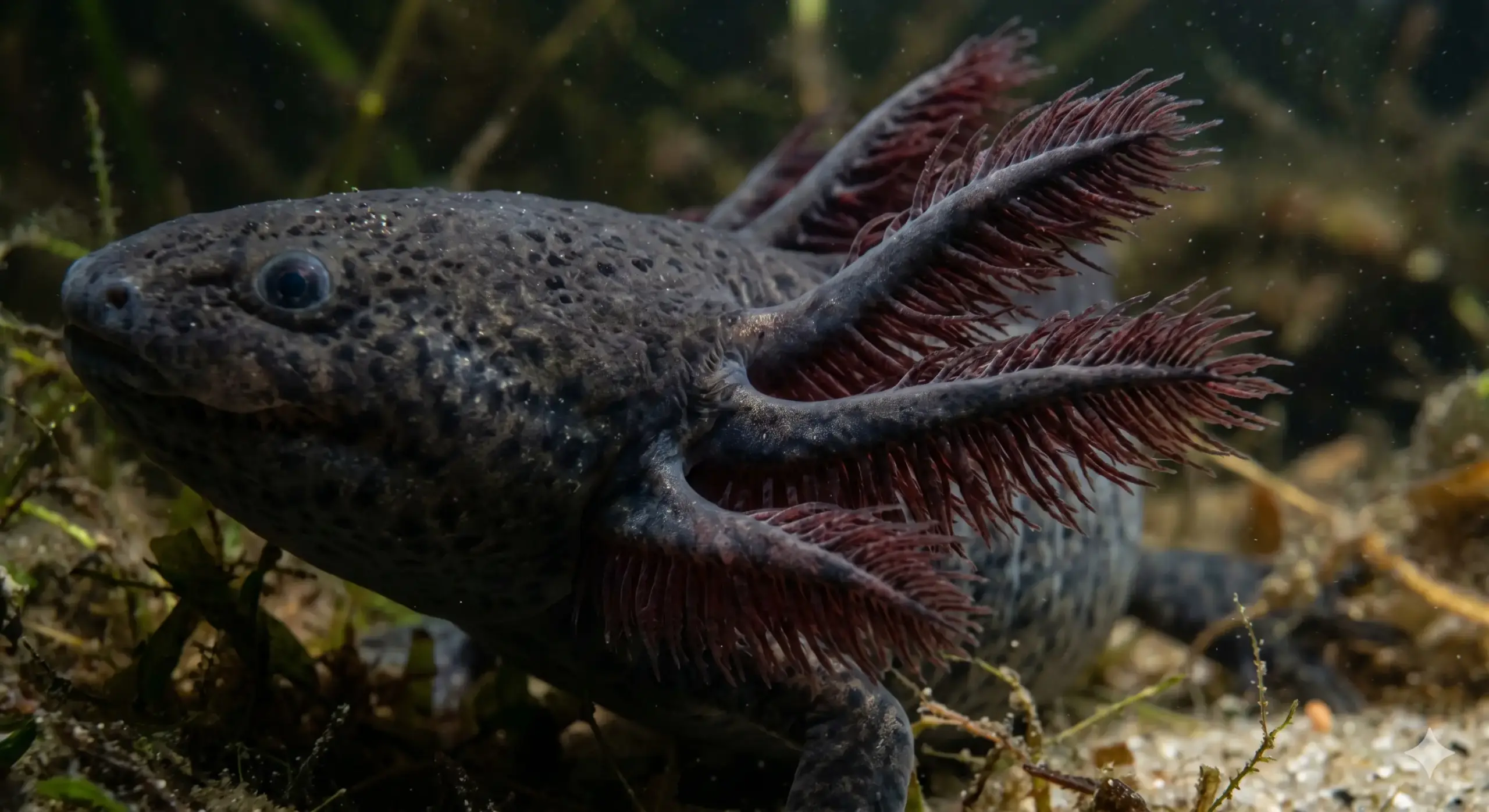 Close up view of the delicate external gills of a wild type dark colored axolotl