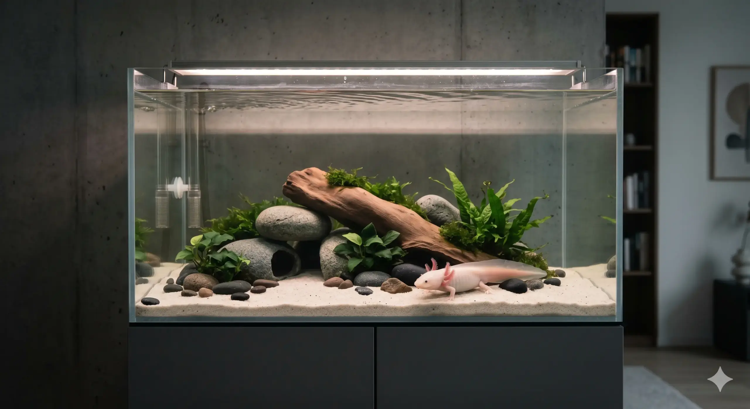 A modern minimalist aquarium setup with proper fine sand substrate and low lighting for an axolotl