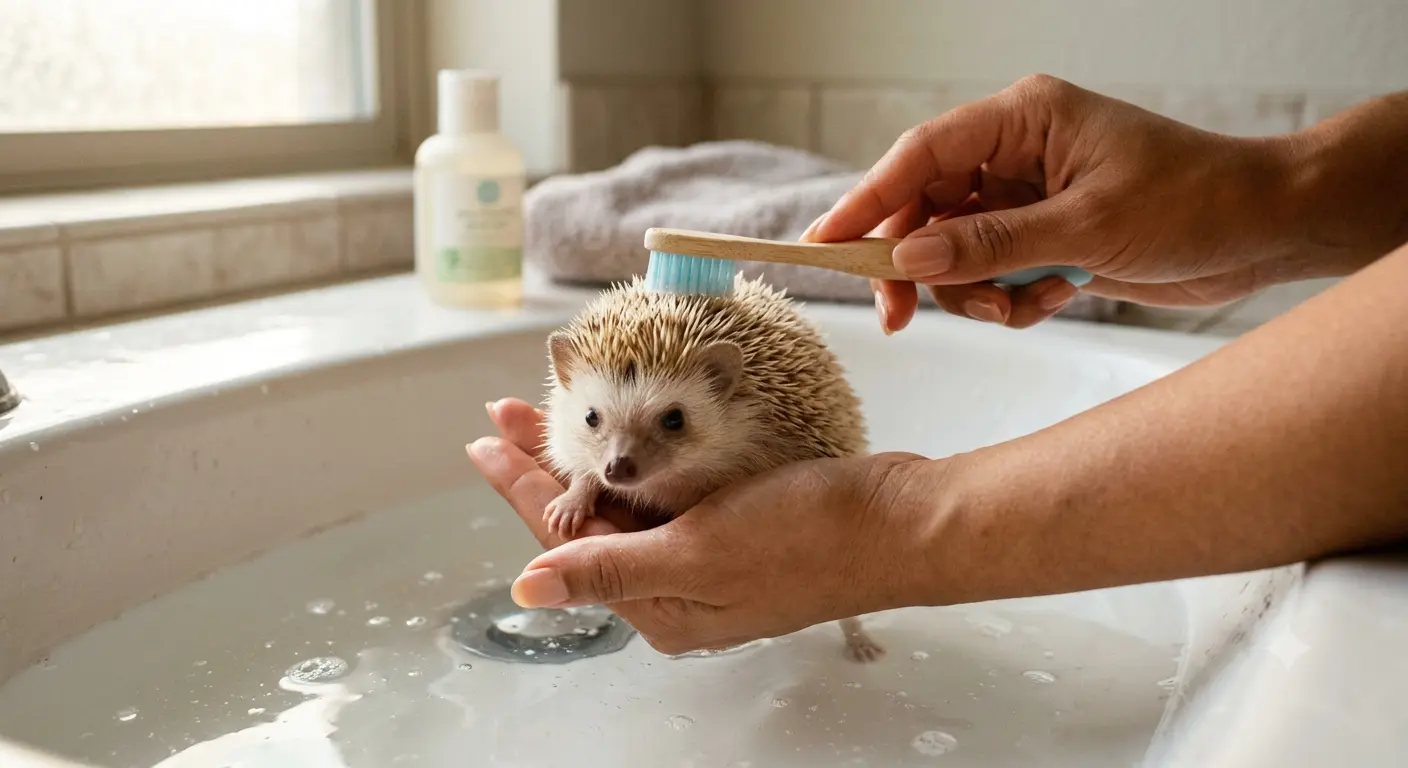Using a soft toothbrush while learning how to give hedgehog a bath gently