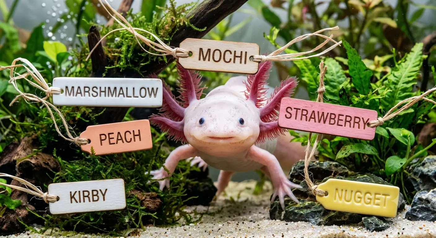 An adorable close up of an aquatic pet highlighting food themed names for axolotl