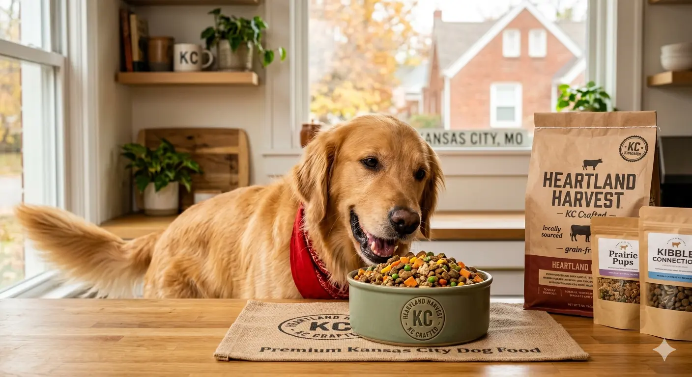 Happy dog eating wholesome kibble showcasing quality Pet Food in Kansas City options