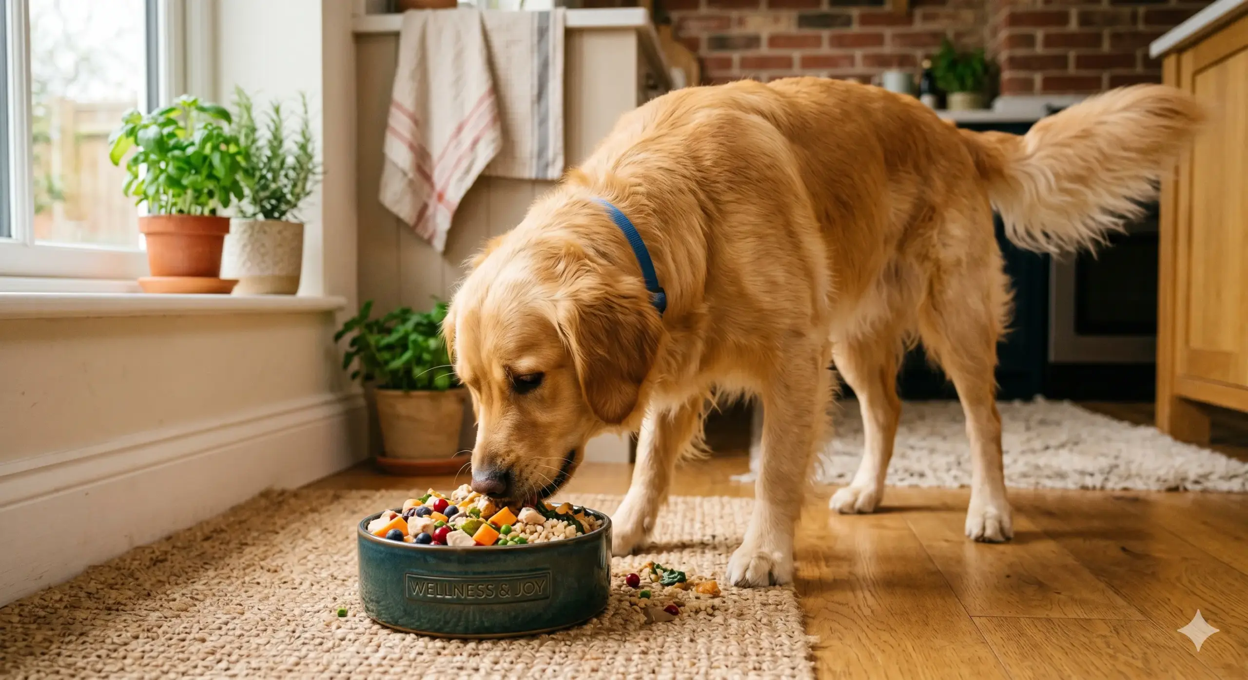 Healthy dog eating nutrient rich food from a bowl