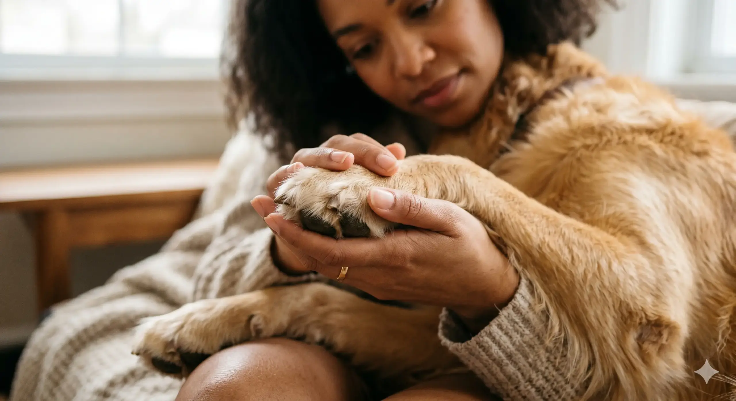 Close up of a pet owner holding a dog paw gently