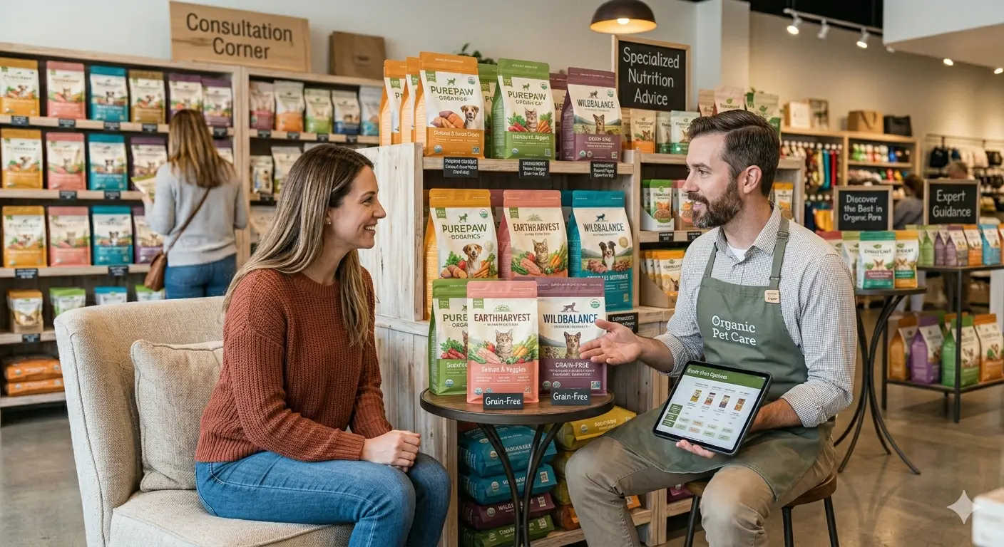 A pet owner consulting with a specialist to select healthy grain-free diets for domestic animals