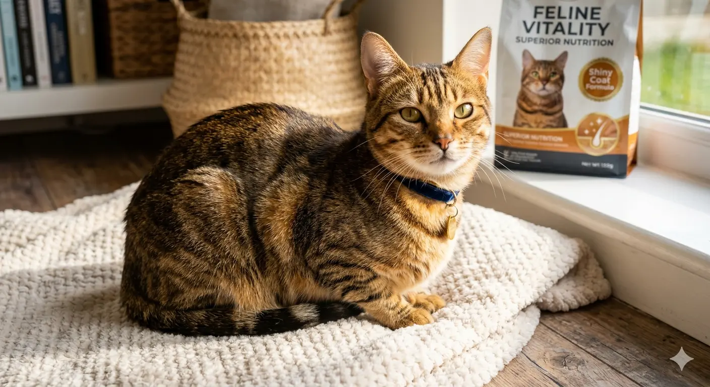 Cat displaying shiny coat from superior pet nutrition