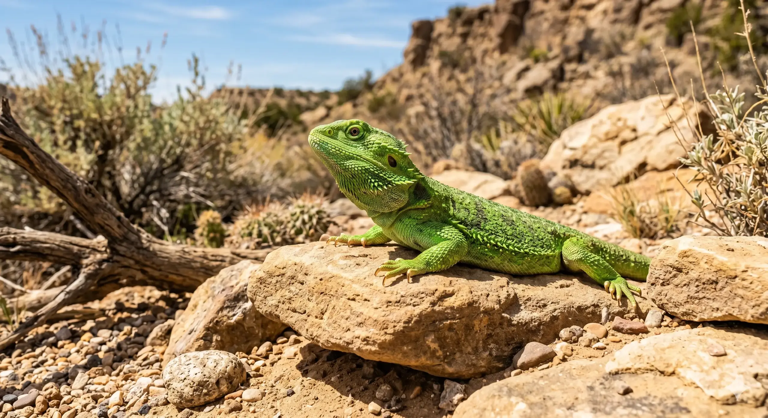 A bright green bearded dragon looking alert resting on a natural desert rock setup