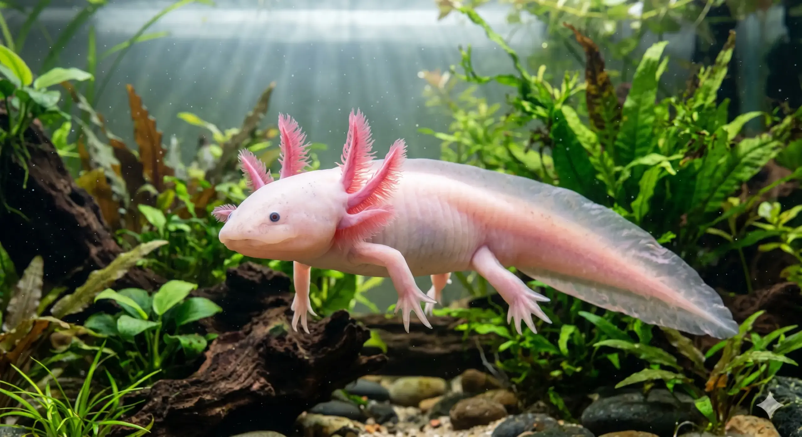 A pale pink axolotl swimming gracefully underwater displaying its distinctive pink external gills