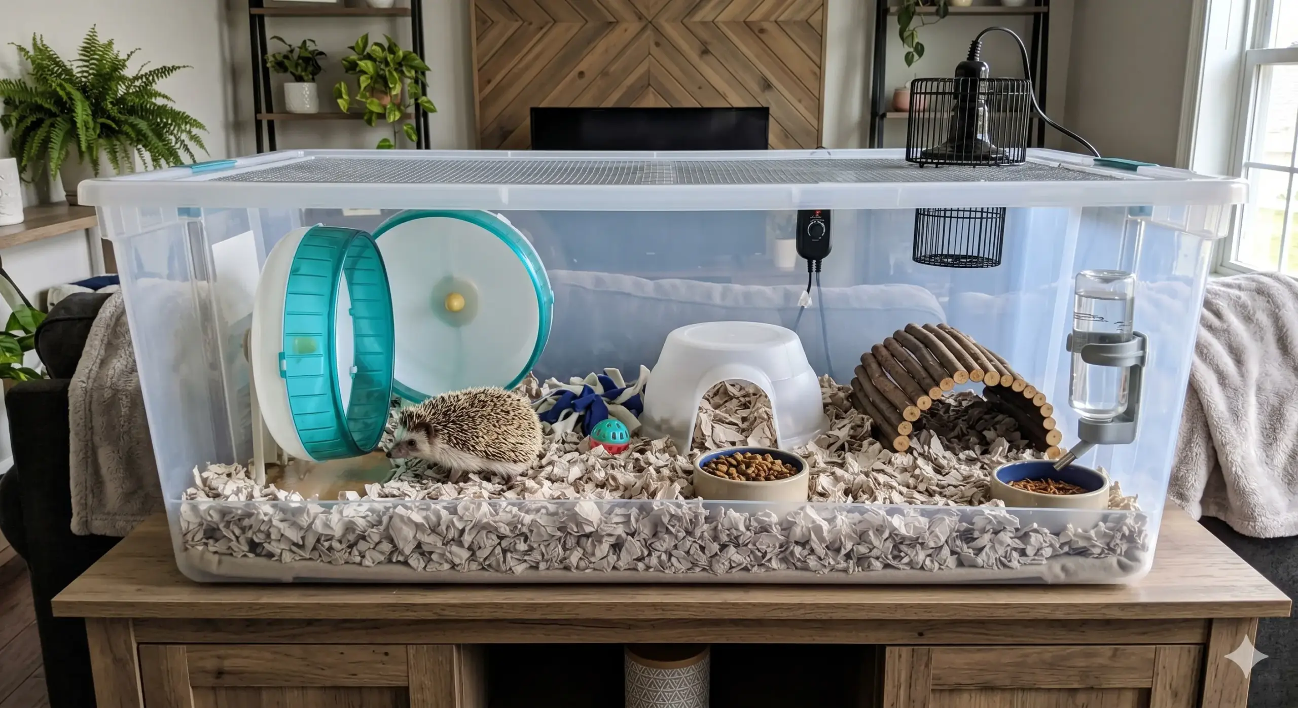 A large organized hedgehog cage setup with a wheel paper bedding and a small hiding igloo