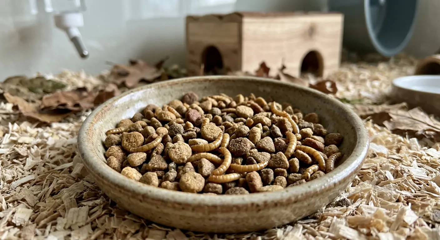 A variety of healthy hedgehog food including high quality dry kibble and live mealworms in a small dish