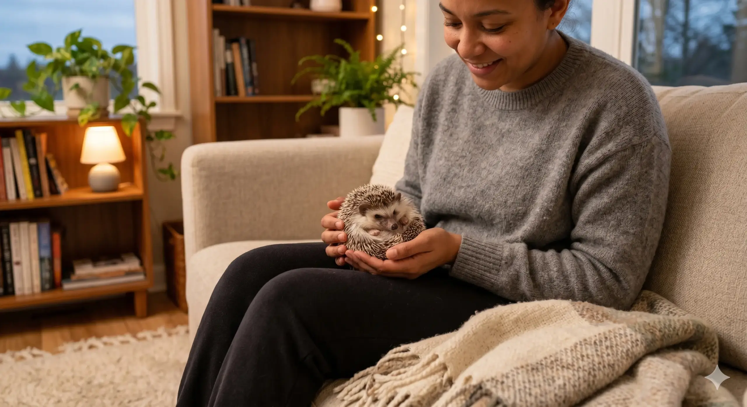 A person gently holding a relaxed hedgehog on their lap during a calm evening socialization session