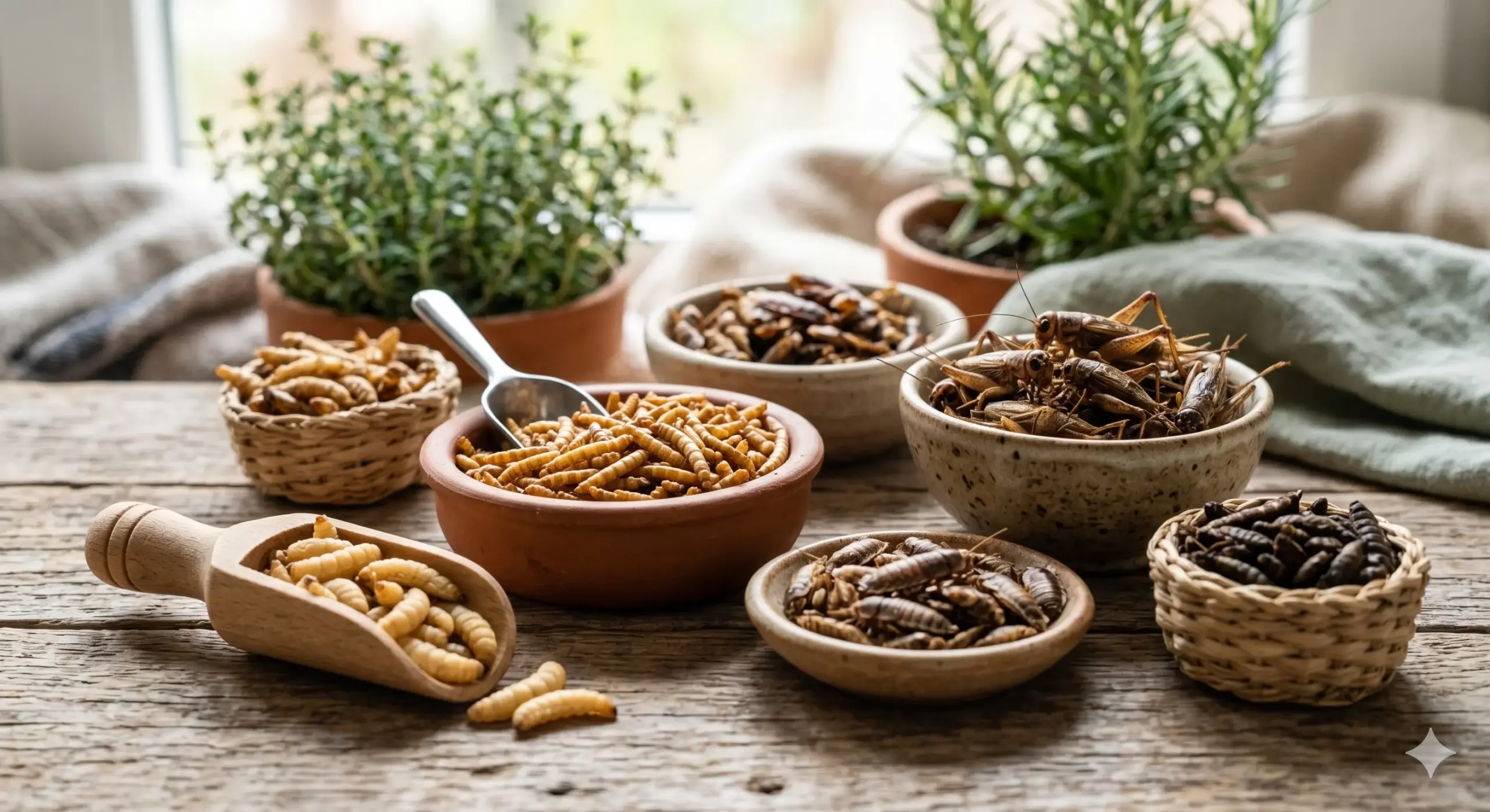 Close up of various organic insect treats suitable for small exotic animals