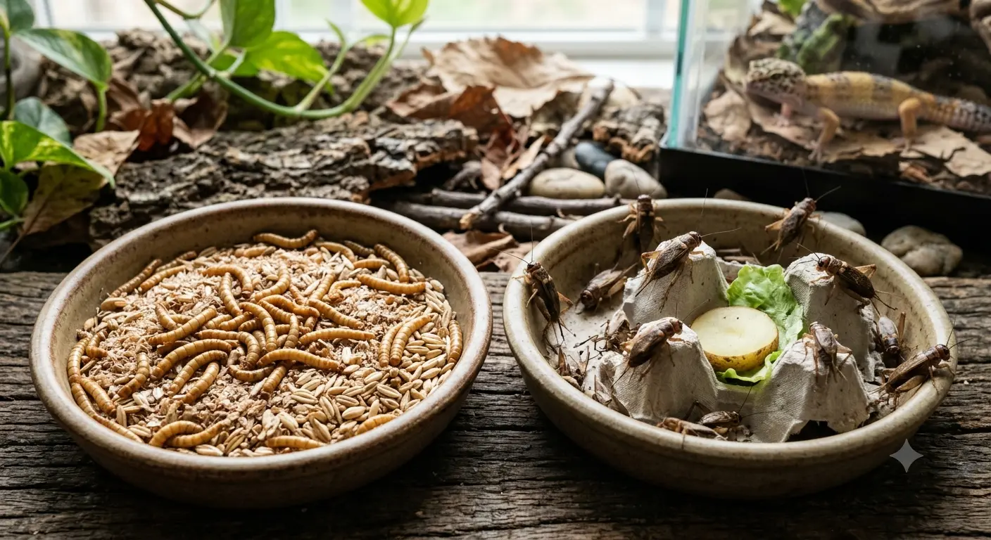 Assorted mealworms and crickets suitable for insectivore pets