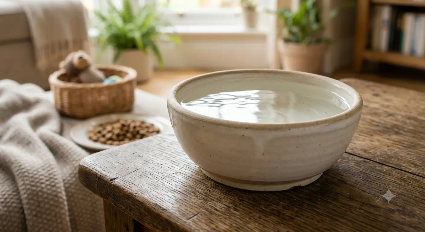 A clean, heavy ceramic bowl filled with fresh water