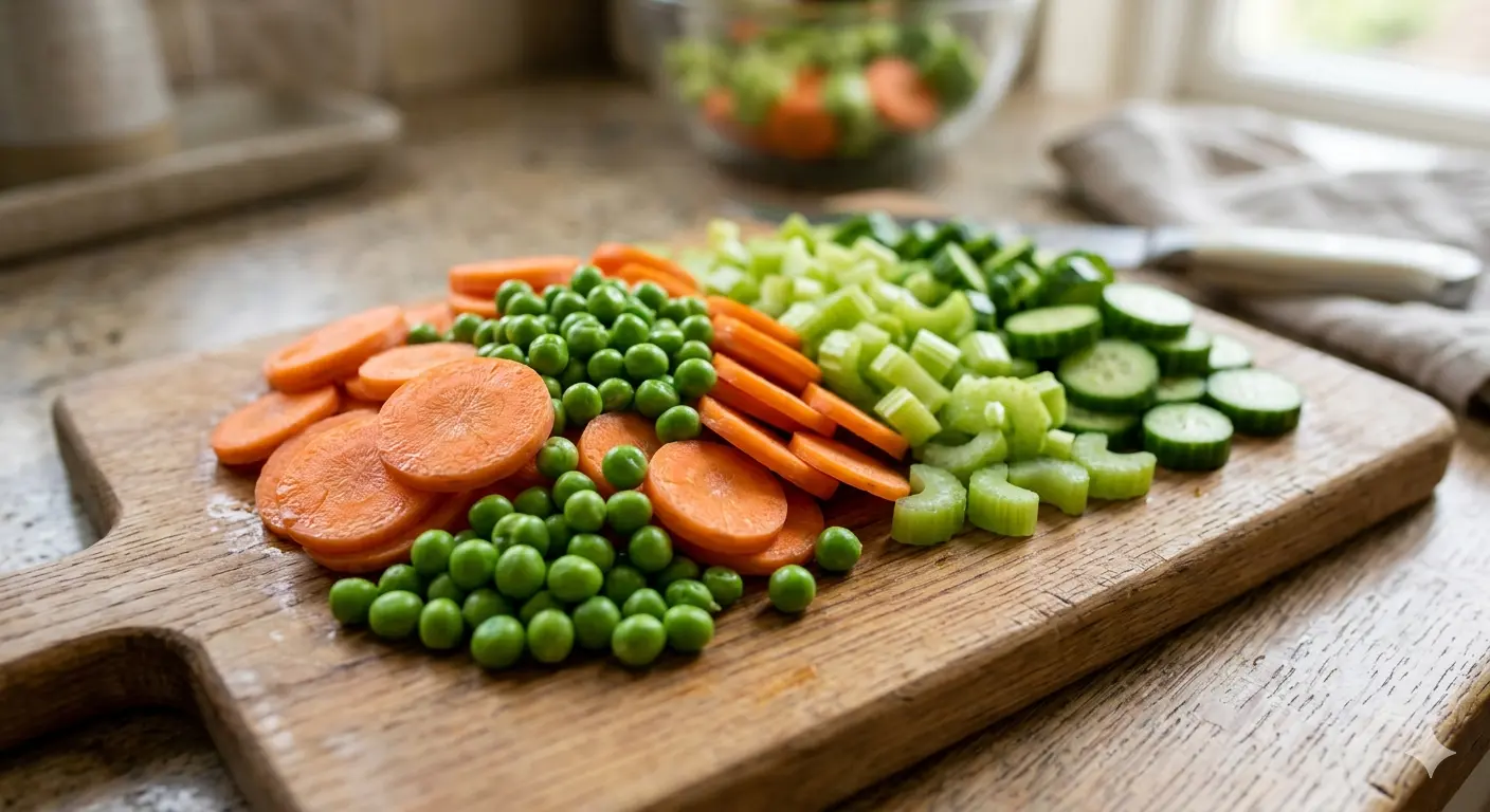 Freshly sliced safe vegetables like carrots and green peas