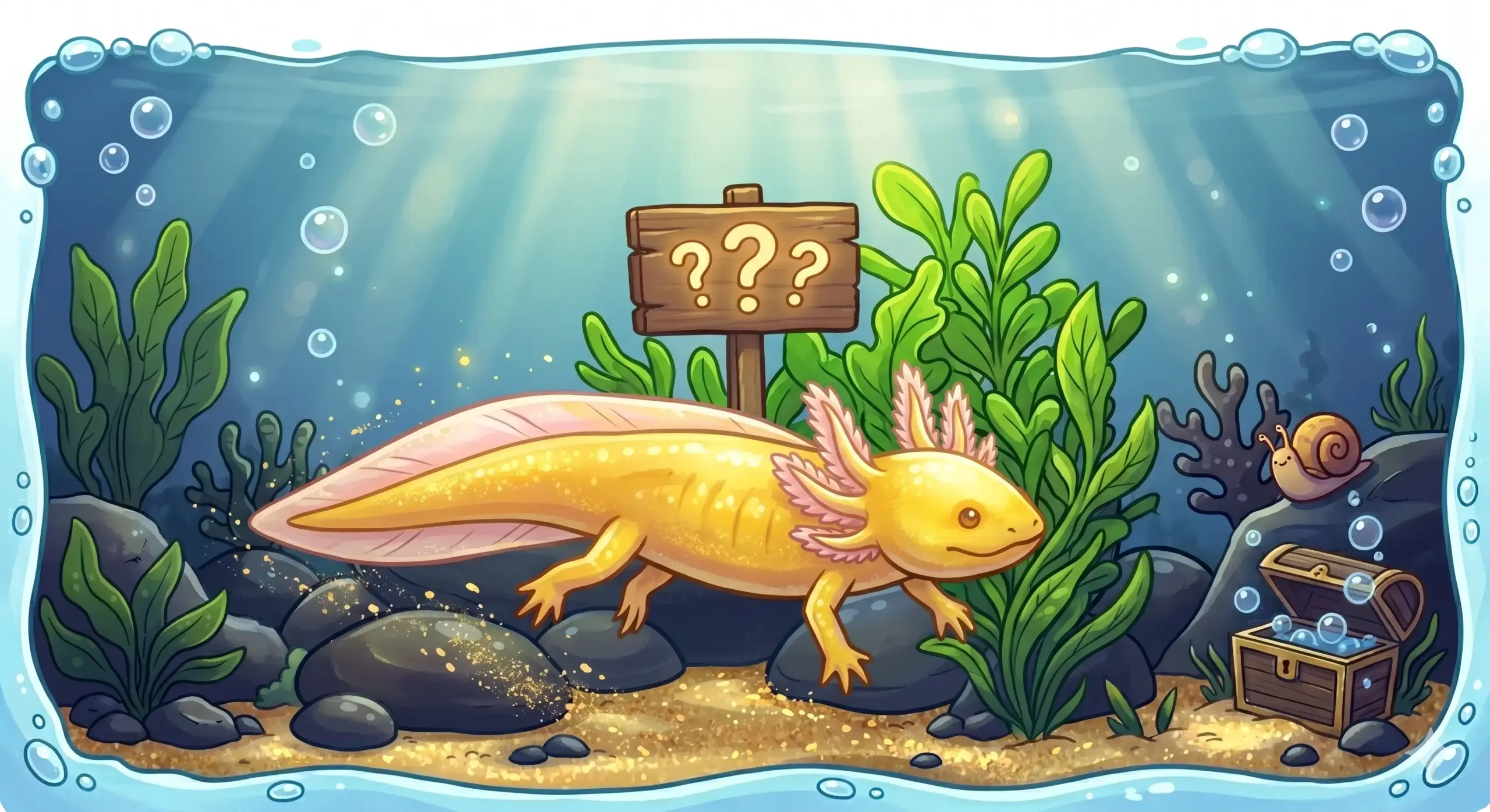 A vibrant Golden Albino axolotl exploring a sandy substrate near green aquarium plants