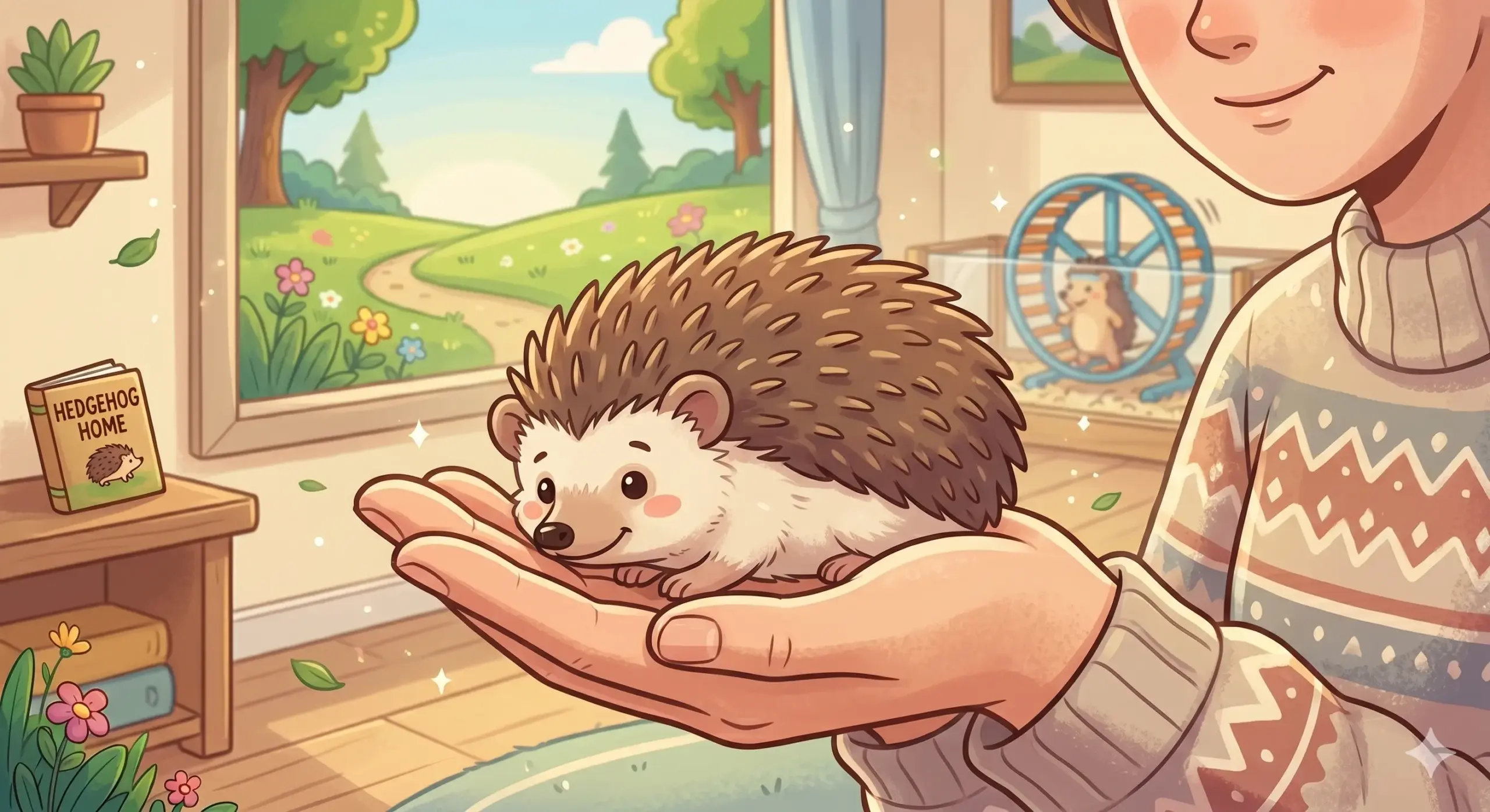 A domestic hedgehog uncurled calmly on a person's open hand