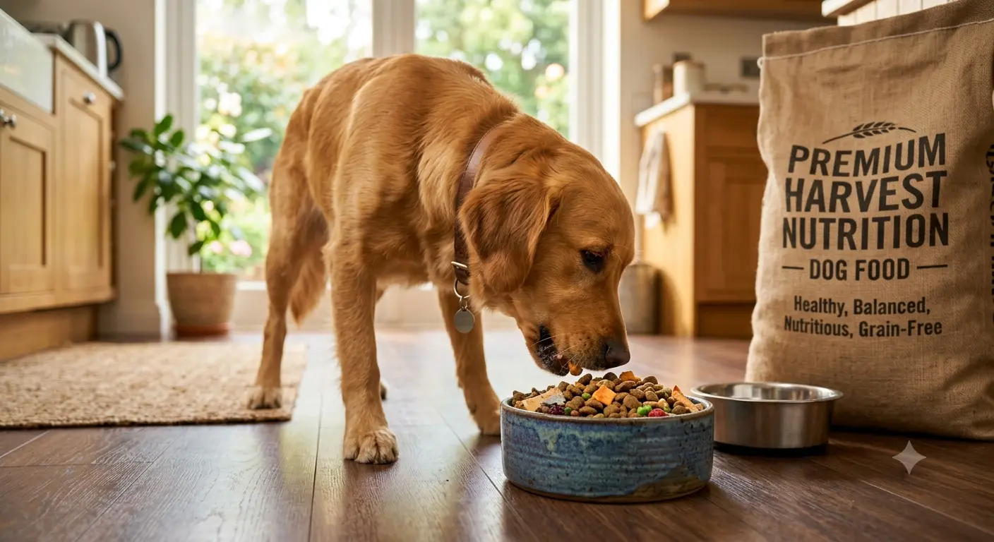 A healthy dog eating nutritious premium food from a bowl