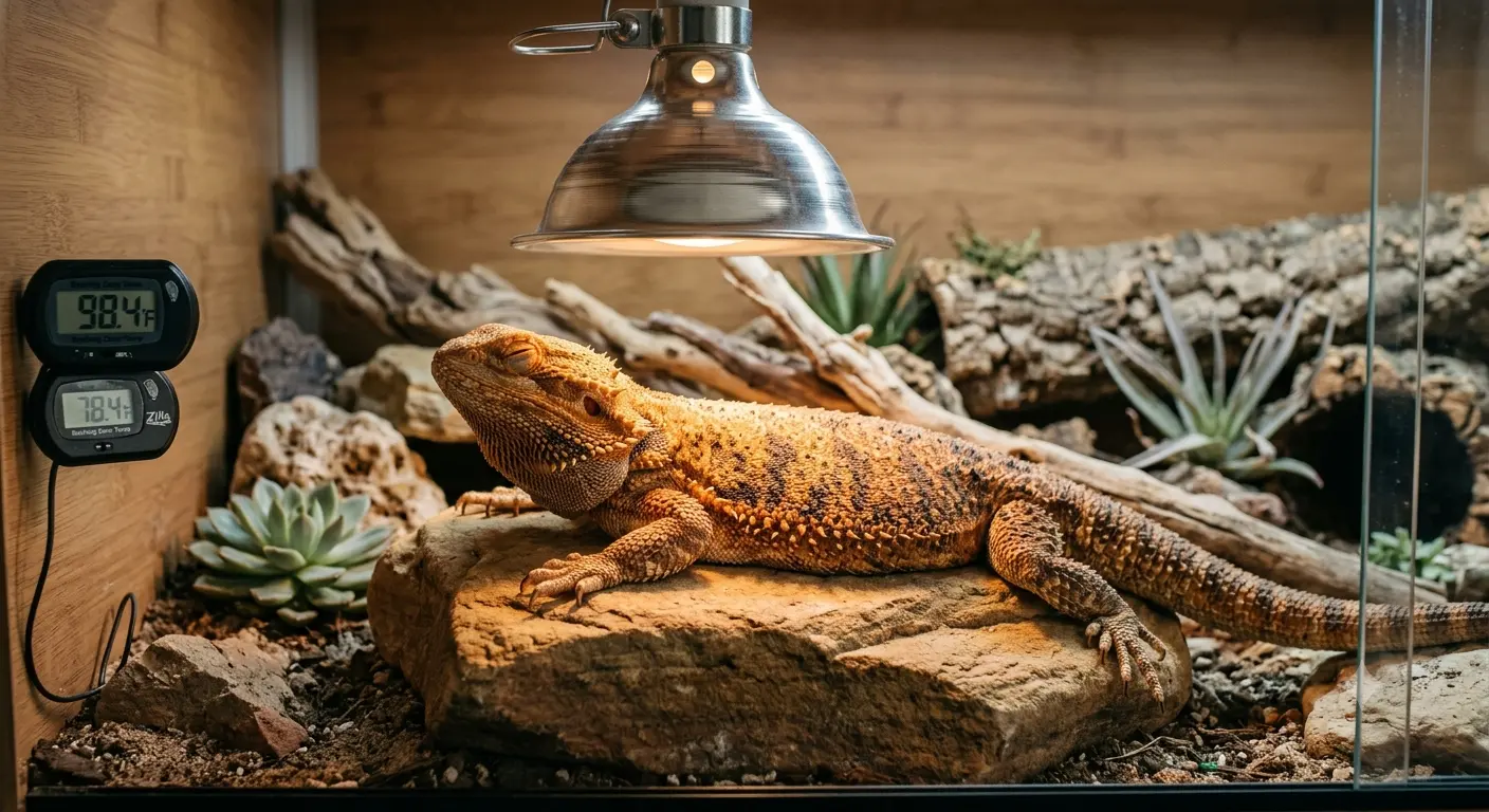 A healthy adult goliath bearded dragon variant basking under a professional heat lamp