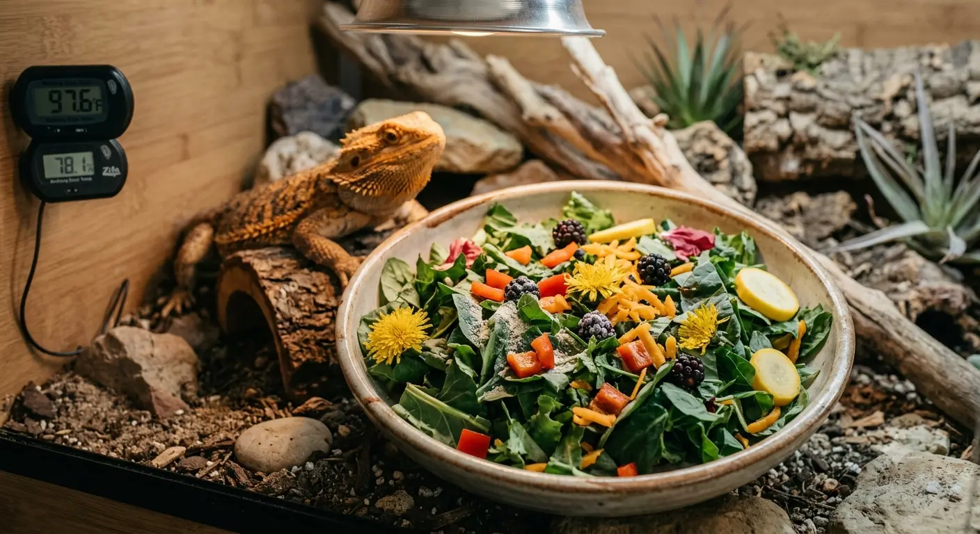 Fresh salad bowl prepared for an adult reptile containing nutrient rich greens
