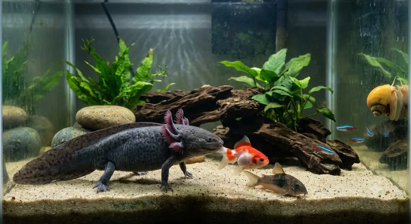 Are axolotls dangerous to other animals in a shared tank setup