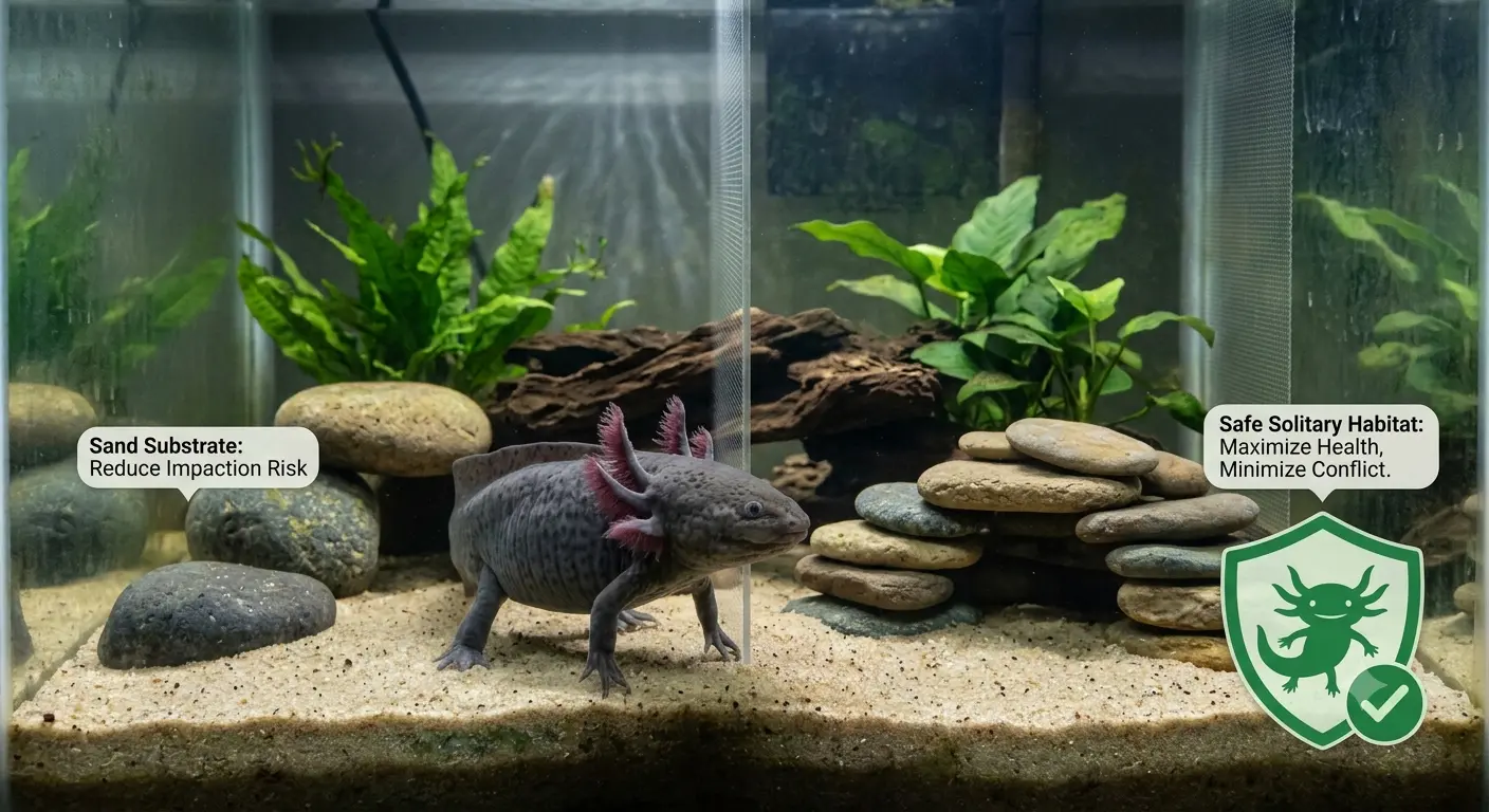 Safe solitary aquarium setup for axolotls avoiding dangerous tank mates