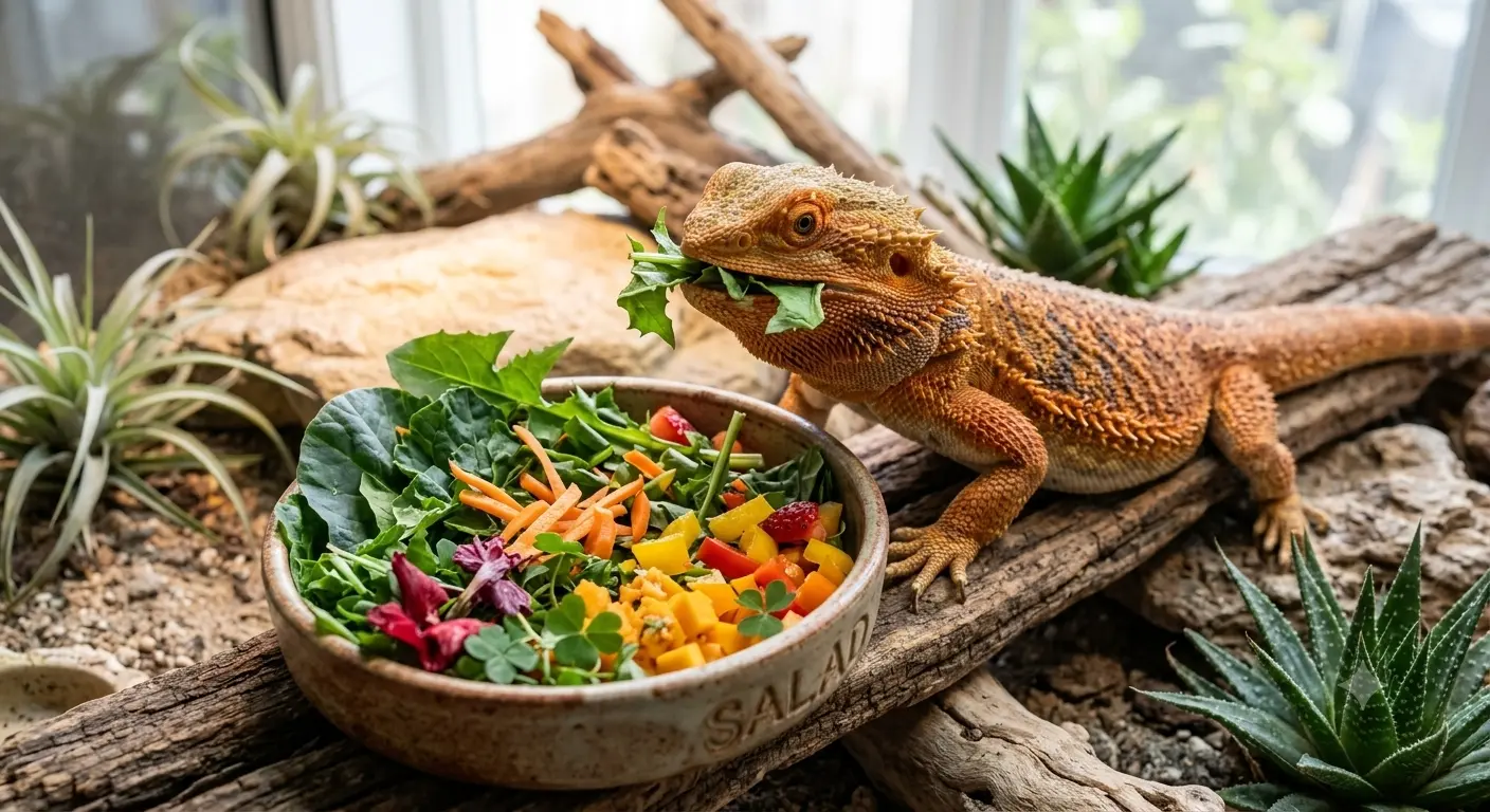 Healthy bearded dragon eating a balanced salad with diverse greens