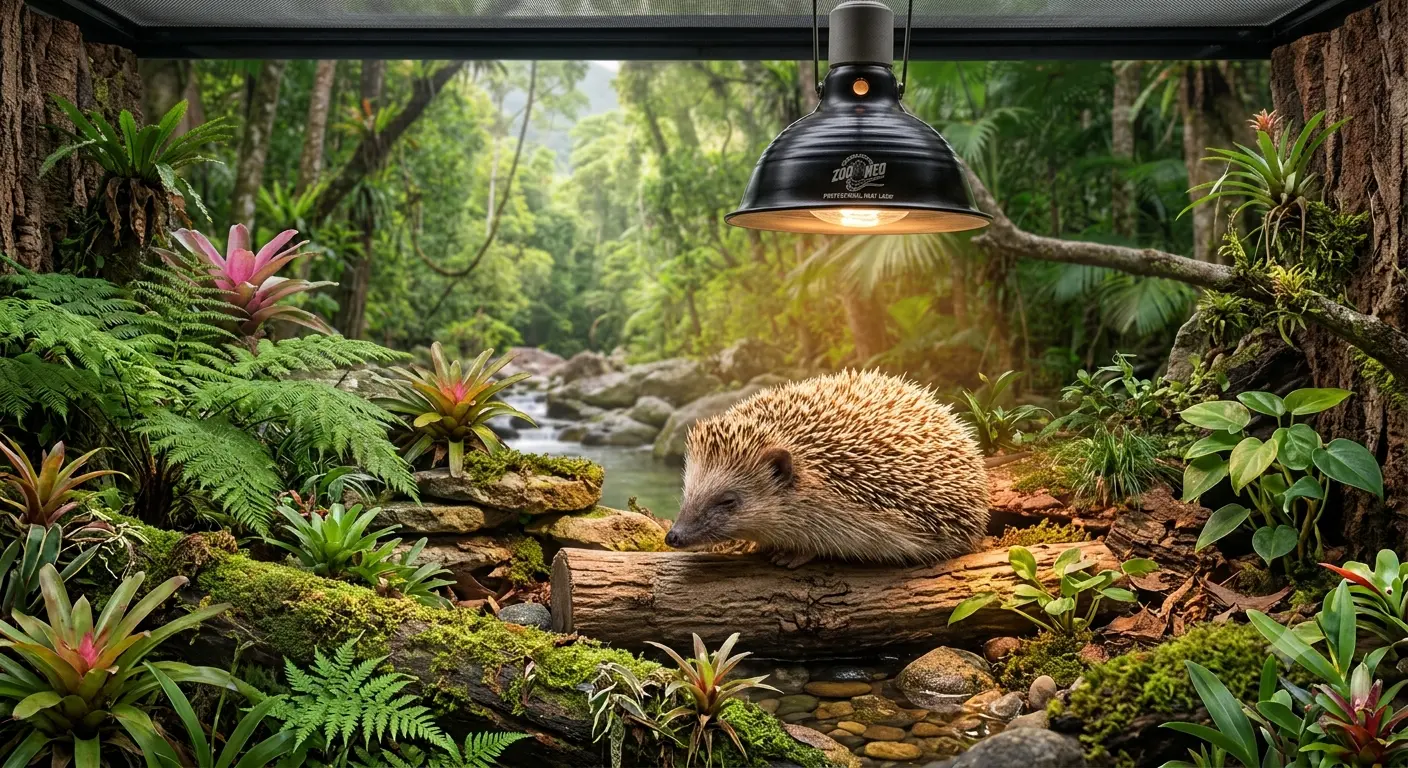 Central bearded dragon basking under a professional heating lamp in a terrarium