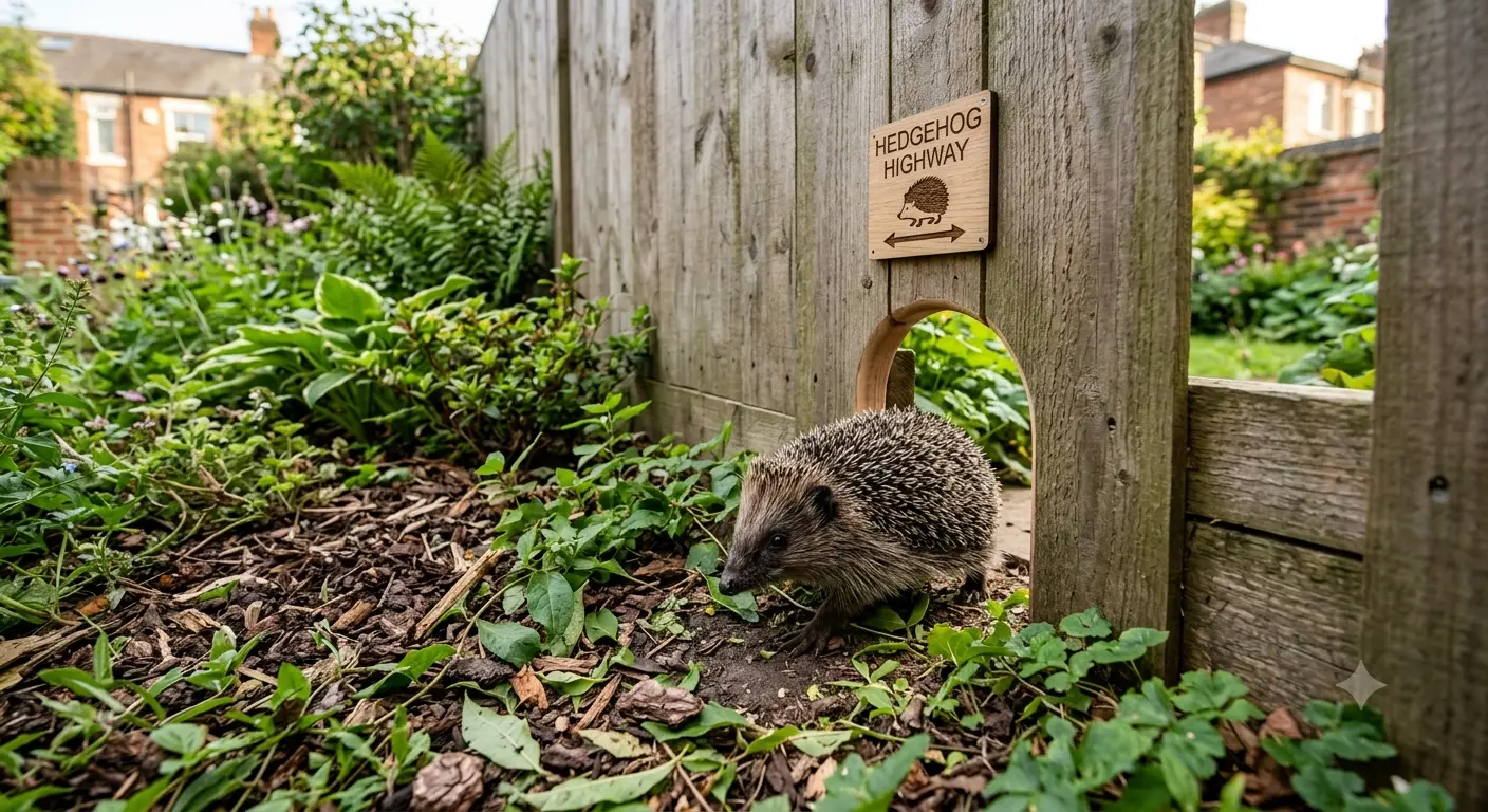 Hedgehog highway fence gap for urban wildlife conservation and movement