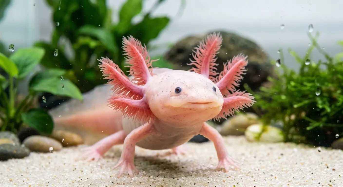 A close-up photograph showing why are axolotl cute with prominent pink external gills inside a clean aquarium.