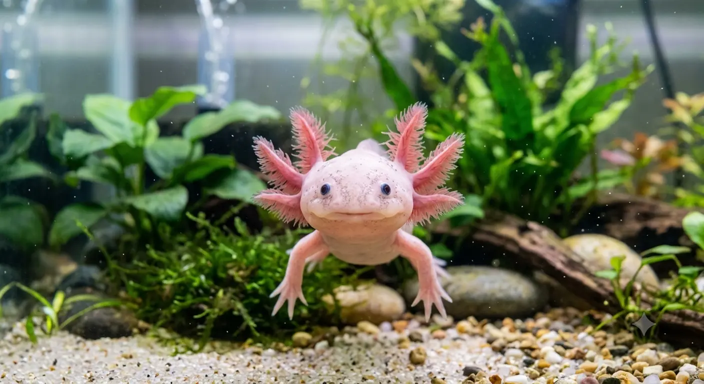 An axolotl in an aquarium proving why are axolotl cute with its large eyes and external gills.