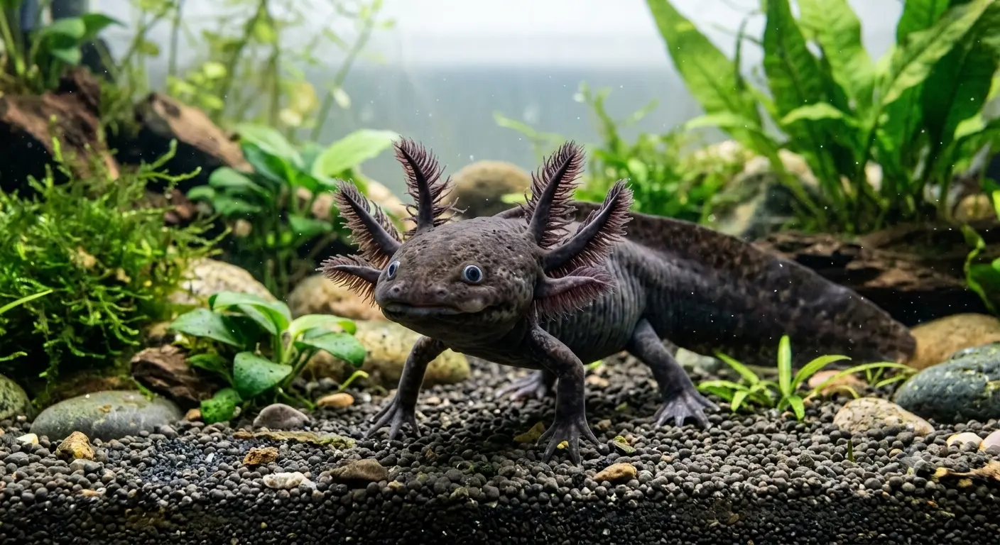 A dark wild-type axolotl walking along the bottom of an aquarium illustrating why are axolotl cute.