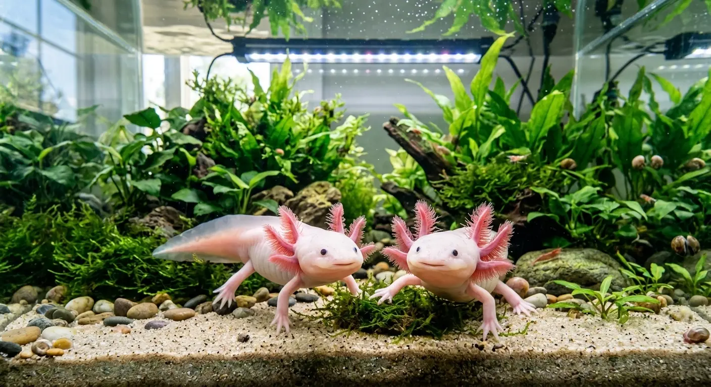 A pair of axolotls in a well-maintained aquarium showing why are axolotl cute in aquatic setups.