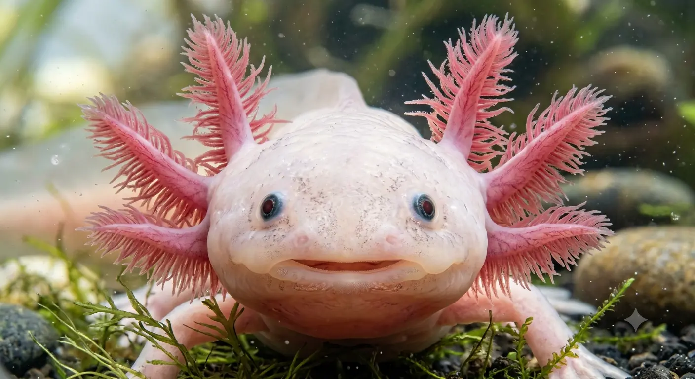 Close up view of an axolotl face showcasing gills and mouth structure