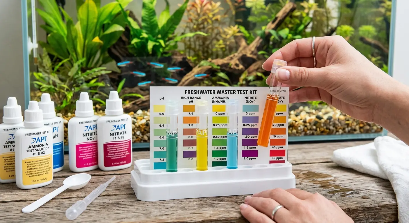 Aquarium water parameters testing kit with tubes and color charts