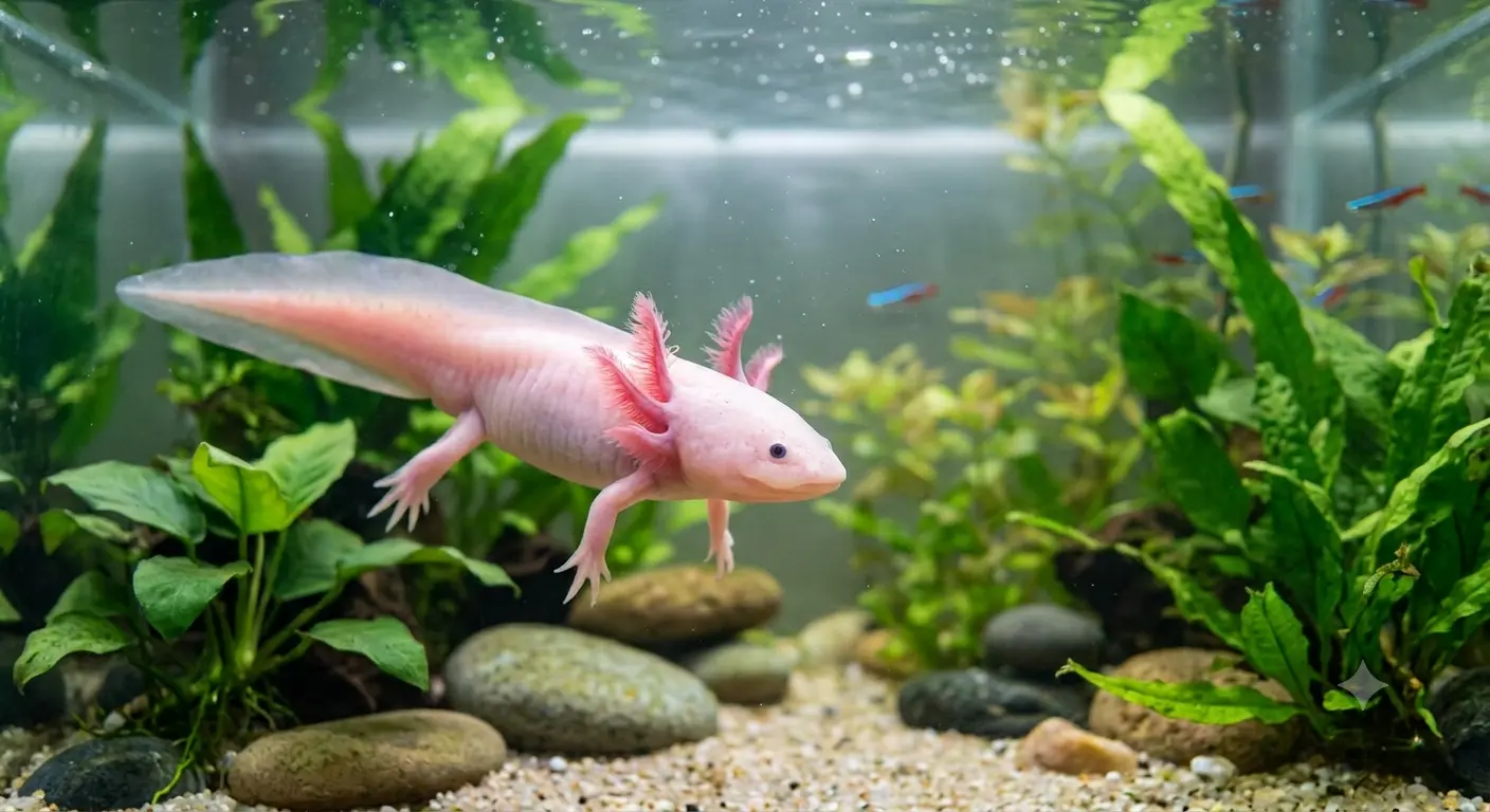 A pink leucistic axolotl swimming peacefully, answering if are axolotl dangerous