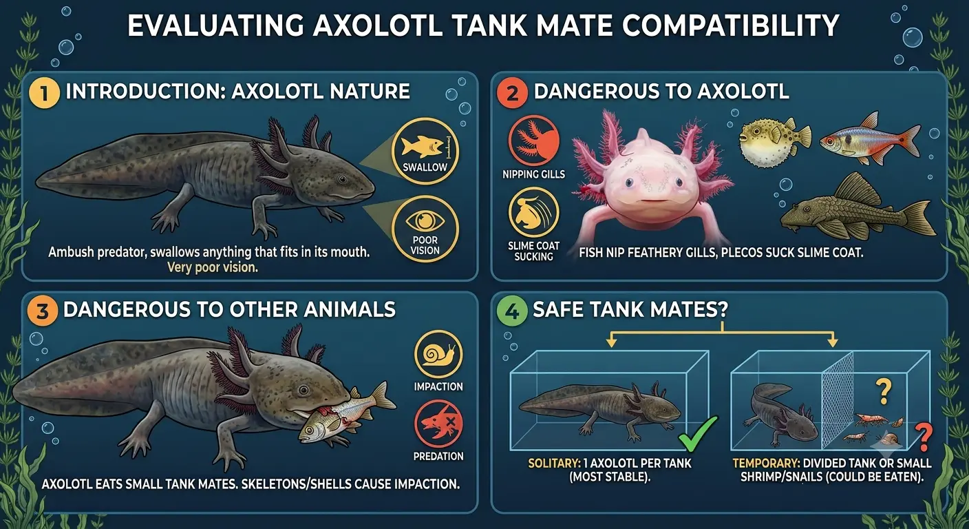 Aquarium tank setup evaluating if are axolotl dangerous to other animals
