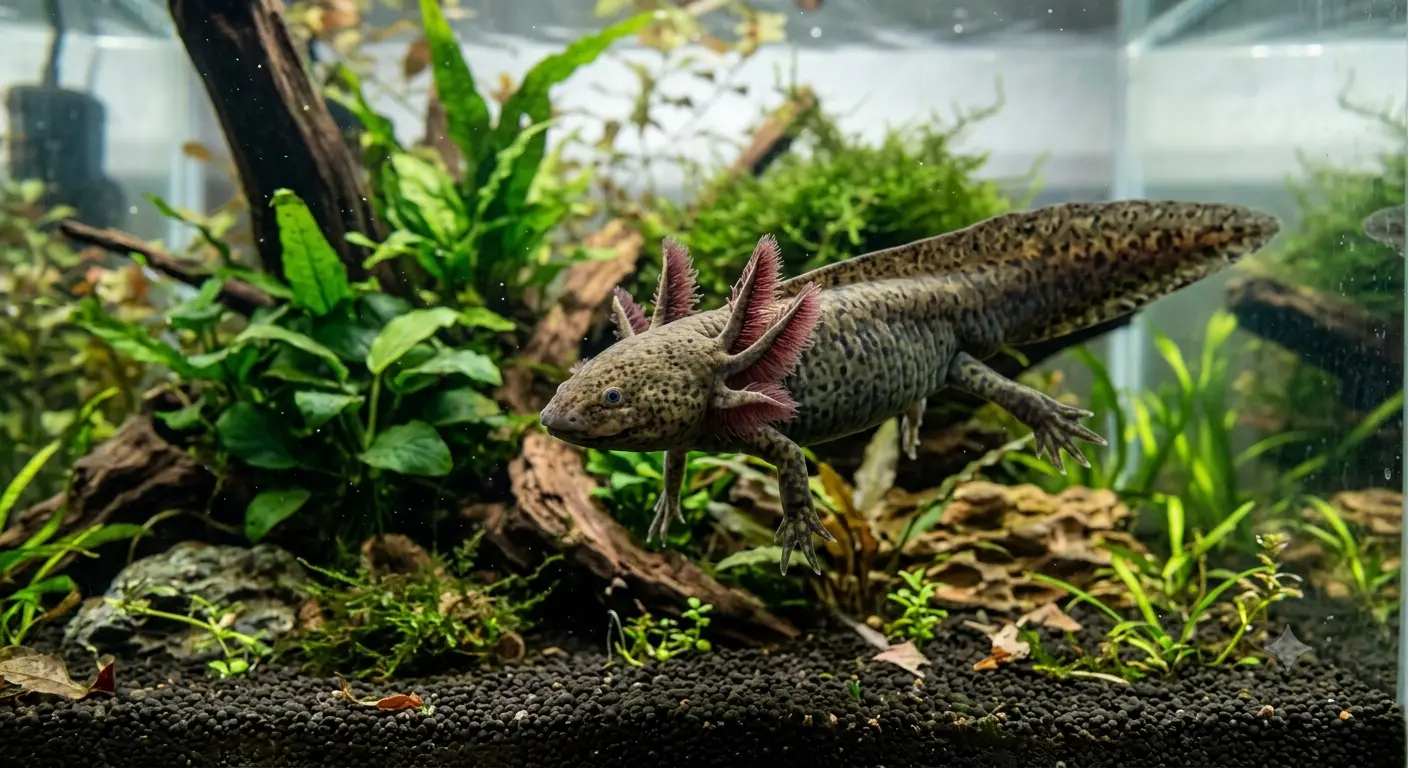 Wild morph axolotl swimming in freshwater aquarium showing feathery gills