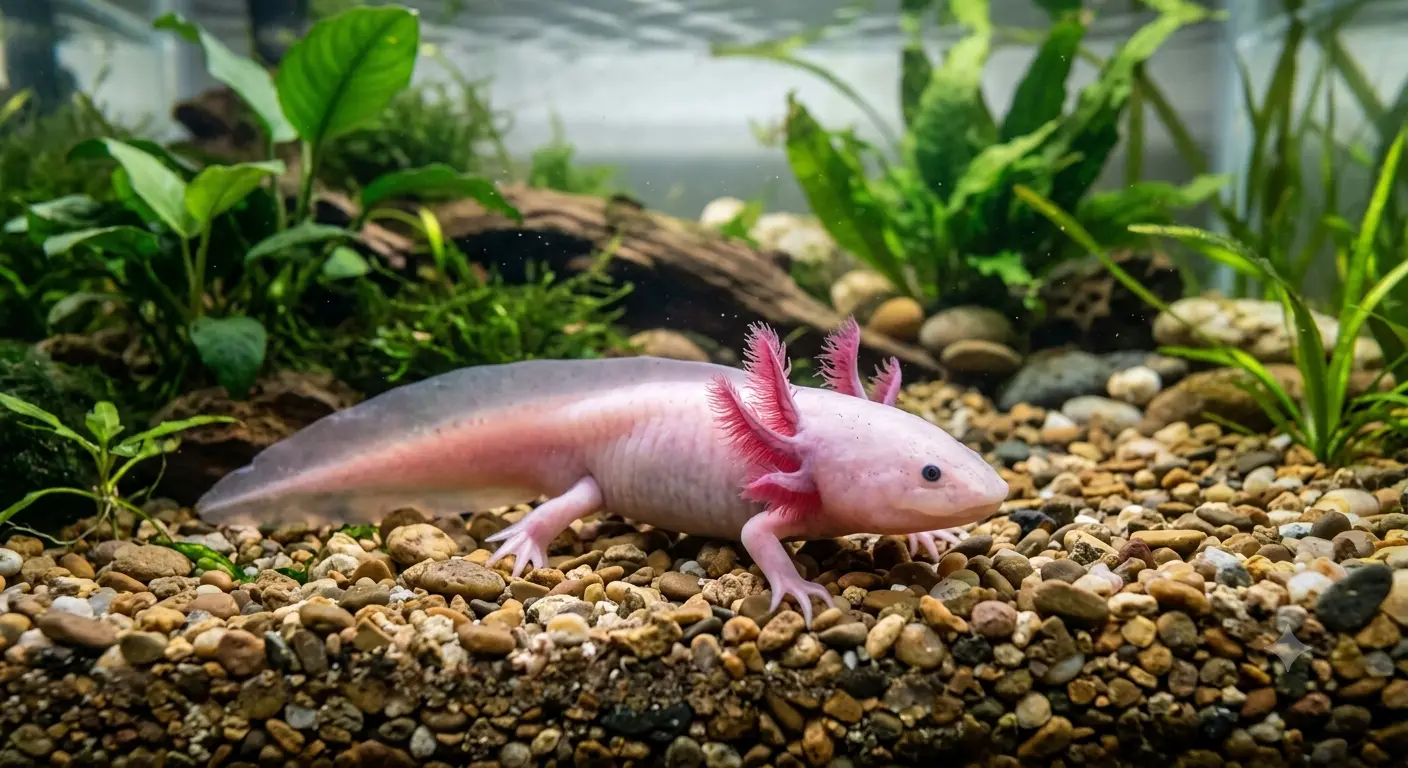 Leucistic pink axolotl resting on underwater gravel surface