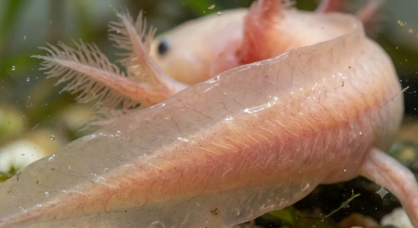 Close up view demonstrating why are axolotls poisonous to touch and their fragile skin