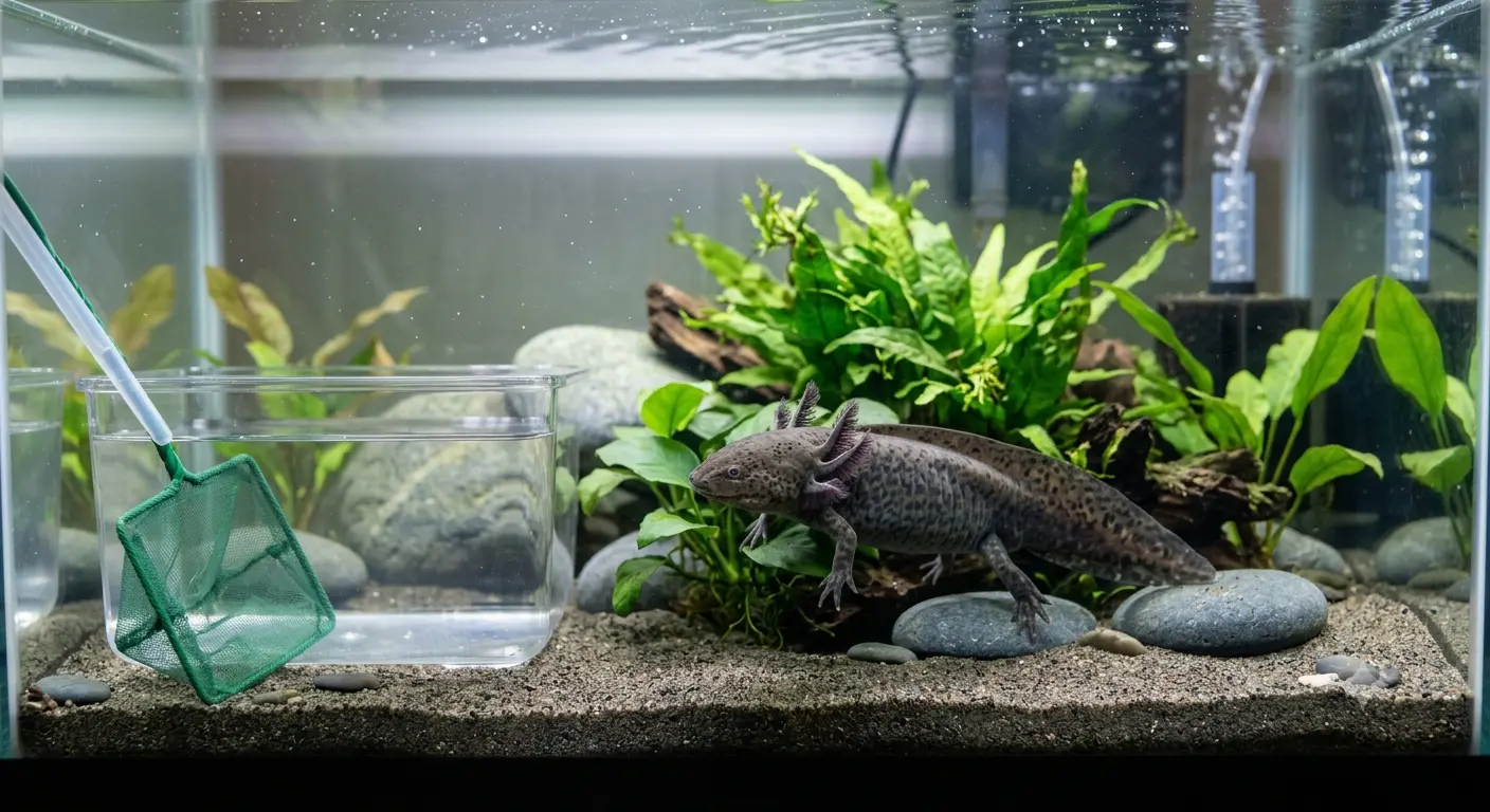 Aquatic tank environment showing physical safety considerations for handling axolotls