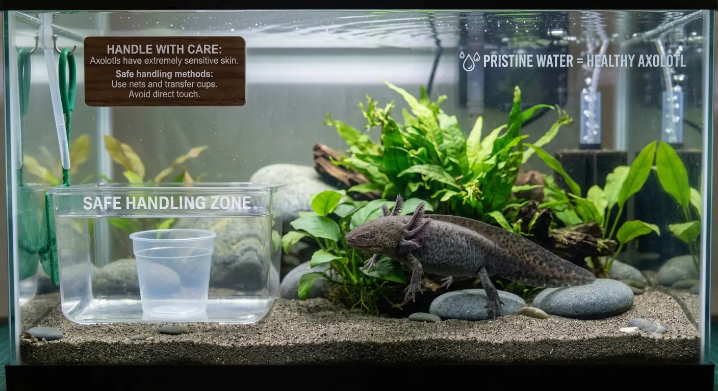 Clean water setup highlighting safe practices around asking are axolotls poisonous to touch