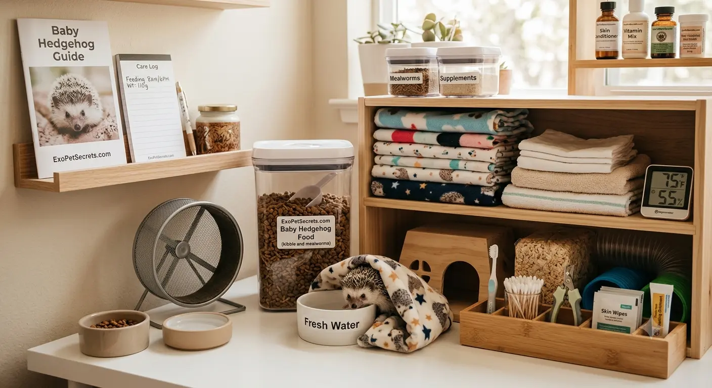 Supplies neatly organized for effective baby hedgehog care