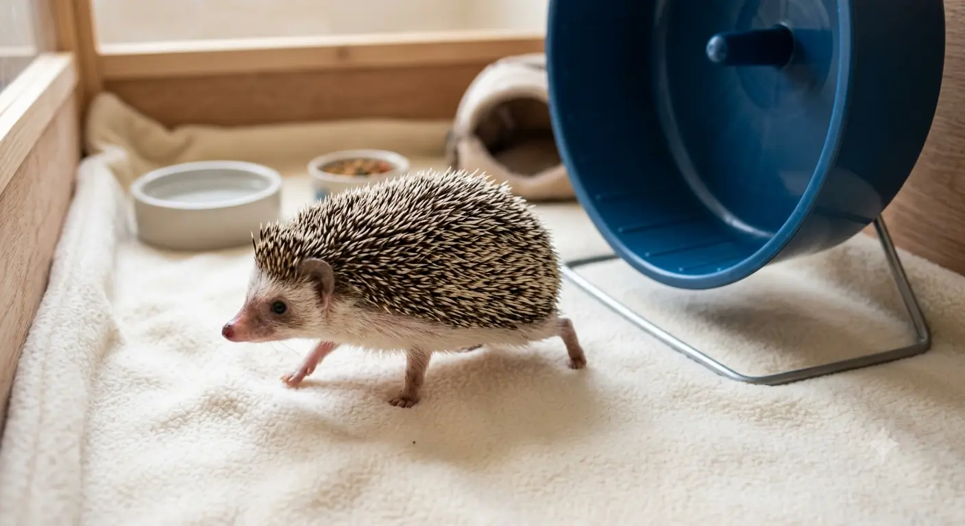 A vibrant juvenile baby hedgehog walking across clean fleece bedding near an approved exercise wheel