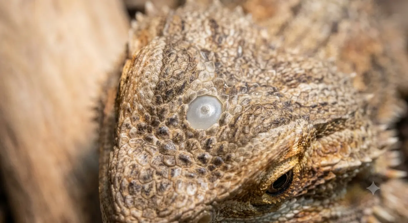 A healthy bearded dragon third eye close up demonstrating optimal scale health and clear parietal function