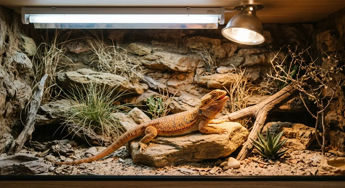 Healthy adult basking contentedly under properly configured dual lighting systems inside a spacious terrarium