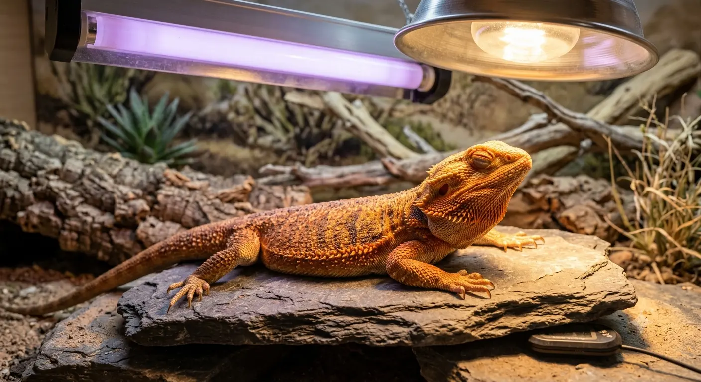 Bearded dragon basking under UVB lights using its parietal eye