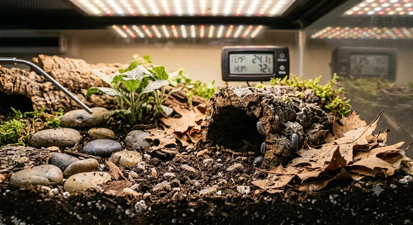 Bioactive substrate setup utilizing live micro-fauna for exotic pet environments