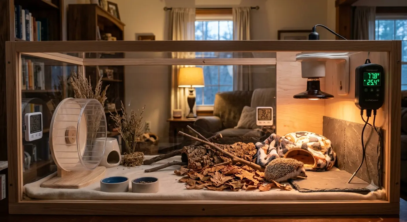 Cozy hedgehog enclosure setup illustrating proper thermal life-support system