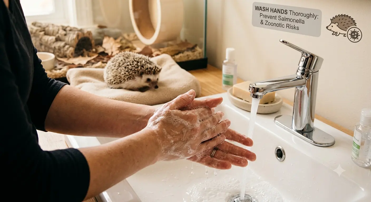 Washing hands thoroughly to avoid zoonotic risks and Salmonella from hedgehogs