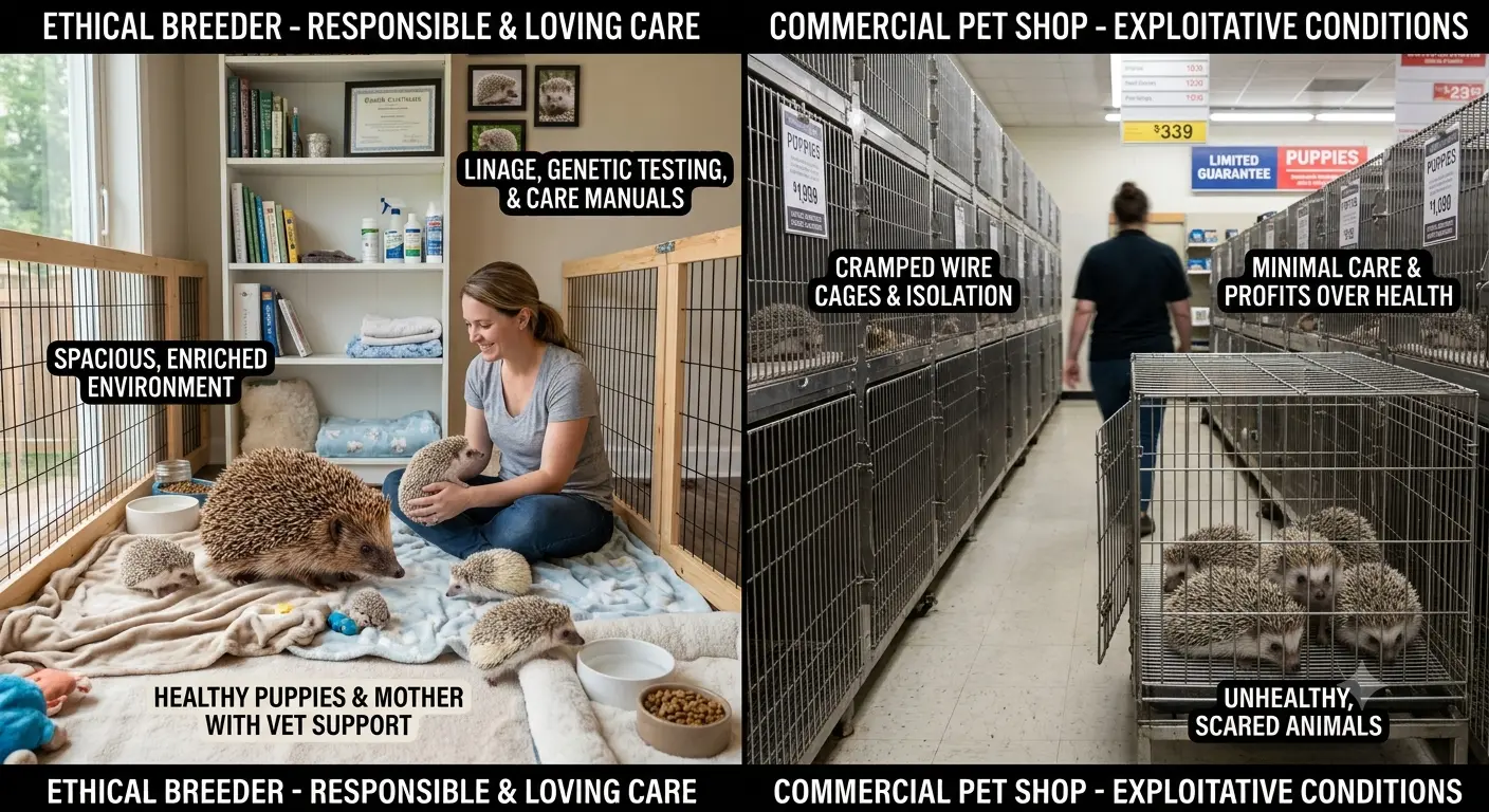Ethical breeder setup contrasting with commercial pet shops